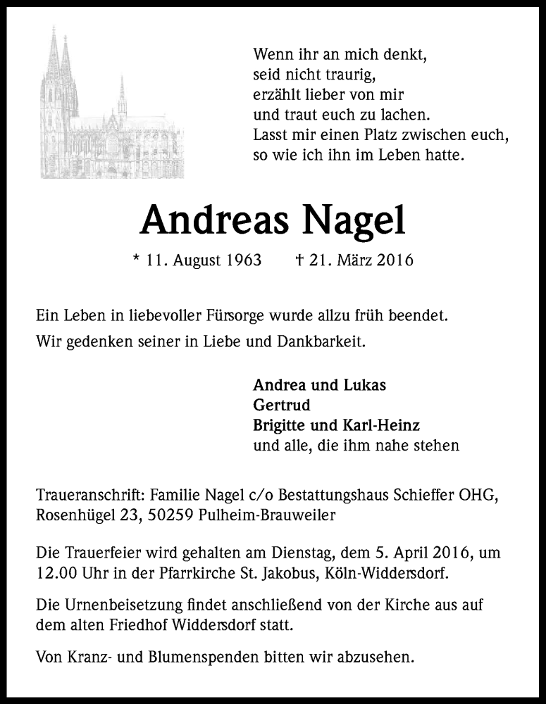  Traueranzeige für Andreas Nagel vom 02.04.2016 aus Kölner Stadt-Anzeiger / Kölnische Rundschau / Express