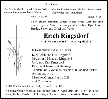 Anzeige von Erich Ringsdorf von Kölner Stadt-Anzeiger / Kölnische Rundschau / Express