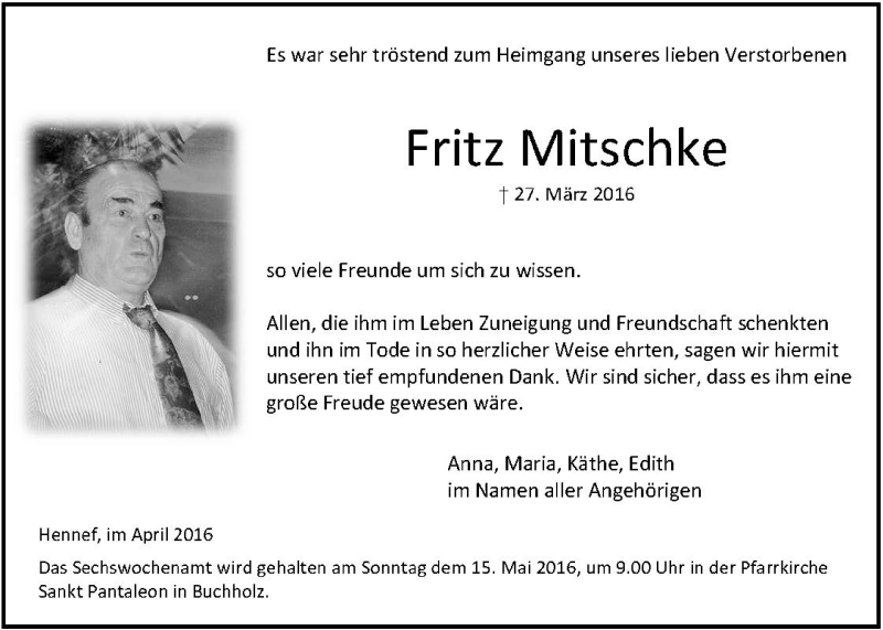  Traueranzeige für Fritz Mitschke vom 27.04.2016 aus  Extra Blatt 
