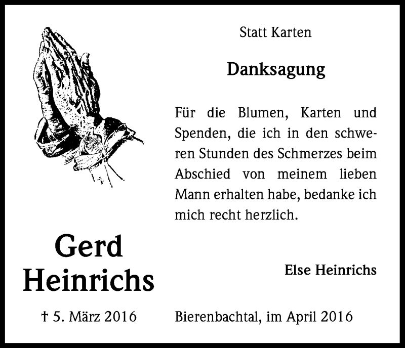  Traueranzeige für Gerd Heinrichs vom 16.04.2016 aus Kölner Stadt-Anzeiger / Kölnische Rundschau / Express