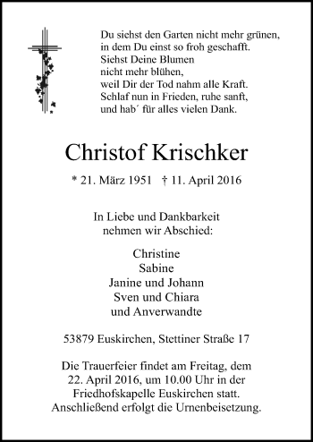 Anzeige von Christof Krischker von  Blickpunkt Euskirchen 