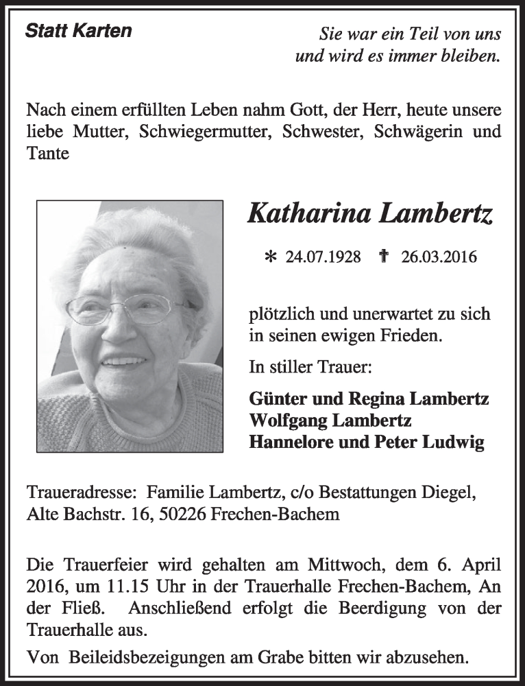  Traueranzeige für Katharina Lambertz vom 02.04.2016 aus  Sonntags-Post 