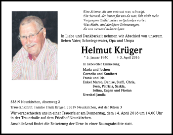 Anzeige von Helmut Krüger von Kölner Stadt-Anzeiger / Kölnische Rundschau / Express