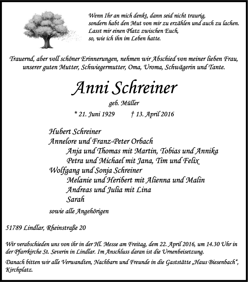  Traueranzeige für Anni Schreiner vom 16.04.2016 aus Kölner Stadt-Anzeiger / Kölnische Rundschau / Express