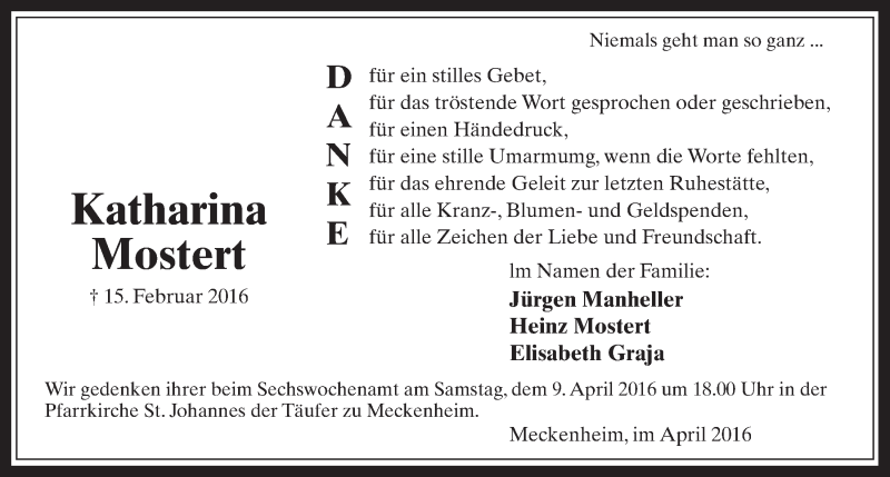  Traueranzeige für Katharina Mostert vom 06.04.2016 aus  Schaufenster/Blickpunkt 