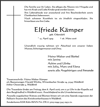 Anzeige von Elfriede Kämper von  Lokalanzeiger 