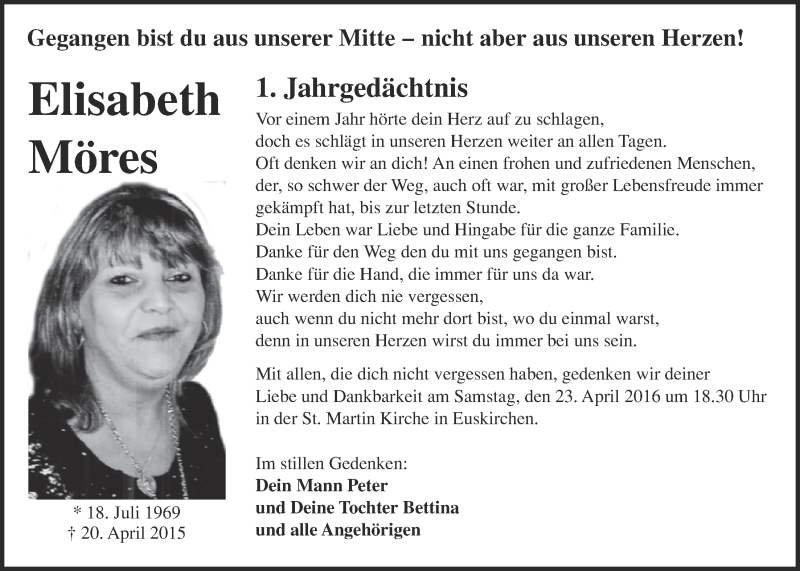  Traueranzeige für Elisabeth Möres vom 16.04.2016 aus  Blickpunkt Euskirchen 