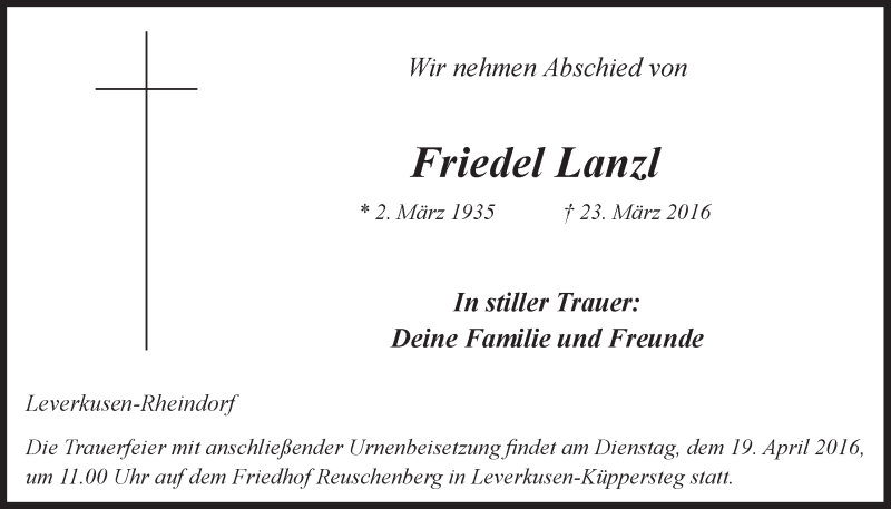  Traueranzeige für Friedel Lanzl vom 13.04.2016 aus  Lokale Informationen 