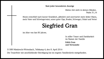 Anzeige von Siegfried Gran von Kölner Stadt-Anzeiger / Kölnische Rundschau / Express