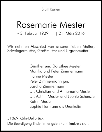 Anzeige von Rosemarie Mester von Kölner Stadt-Anzeiger / Kölnische Rundschau / Express