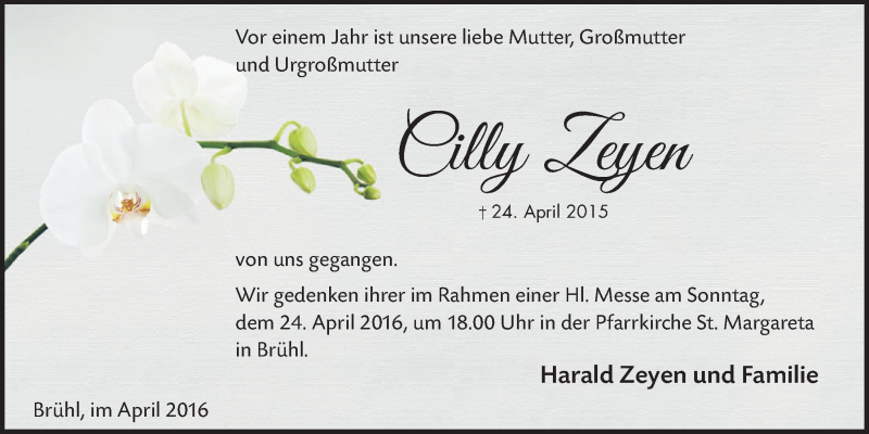  Traueranzeige für Cilly Zeyen vom 20.04.2016 aus  Schlossbote/Werbekurier 