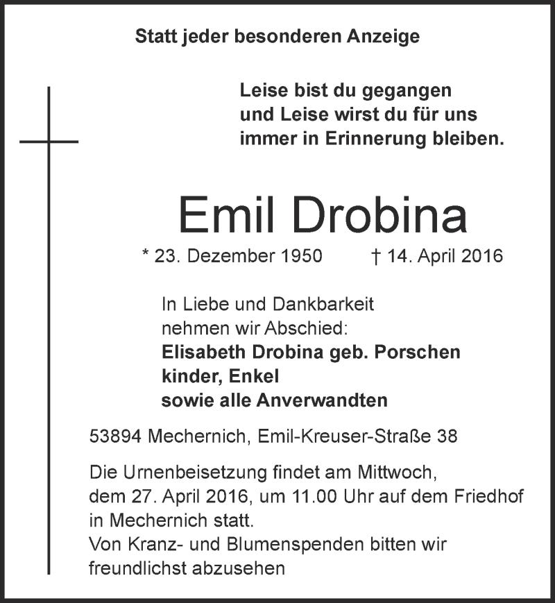  Traueranzeige für Emil Drobina vom 23.04.2016 aus  Blickpunkt Euskirchen 