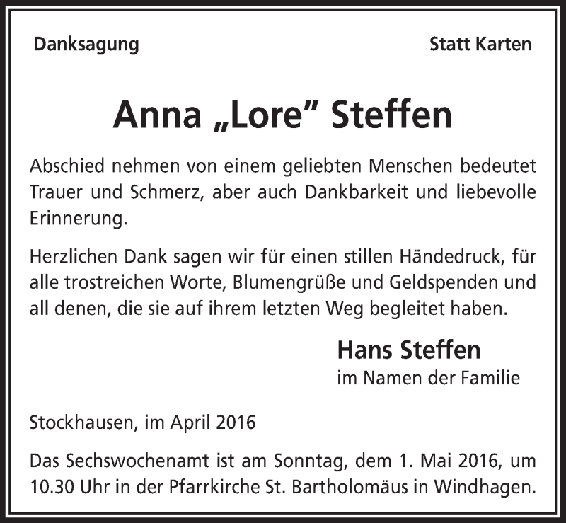  Traueranzeige für Anna Steffen vom 20.04.2016 aus  Extra Blatt 