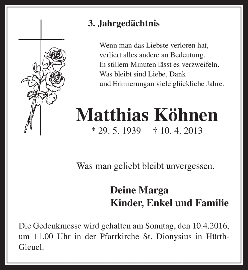  Traueranzeige für Matthias Köhnen vom 06.04.2016 aus  Wochenende 