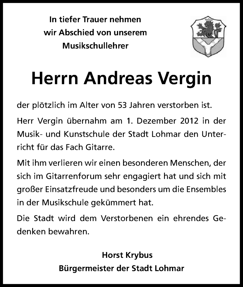  Traueranzeige für Andreas Vergin vom 23.04.2016 aus Kölner Stadt-Anzeiger / Kölnische Rundschau / Express