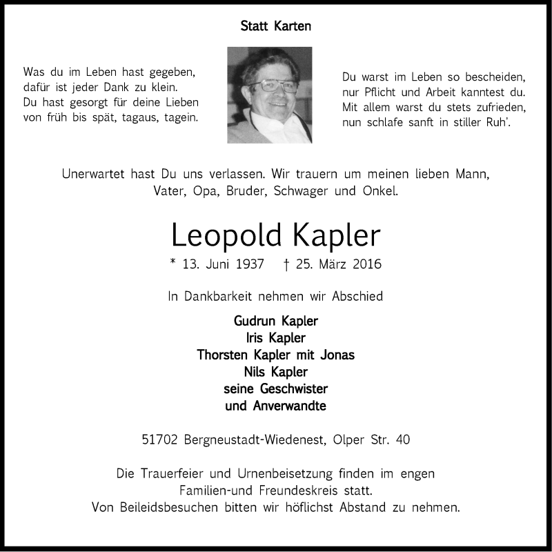  Traueranzeige für Leopold Kapler vom 06.04.2016 aus  Anzeigen Echo 