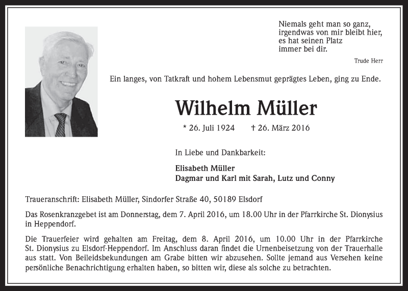  Traueranzeige für Wilhelm Müller vom 06.04.2016 aus  Werbepost 