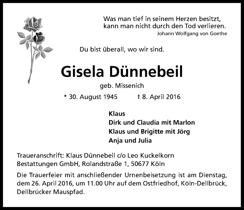  Traueranzeige für Gisela Dünnebeil vom 16.04.2016 aus Kölner Stadt-Anzeiger / Kölnische Rundschau / Express