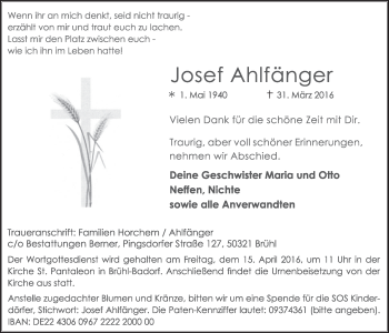 Anzeige von Josef Ahlfänger von  Schlossbote/Werbekurier 