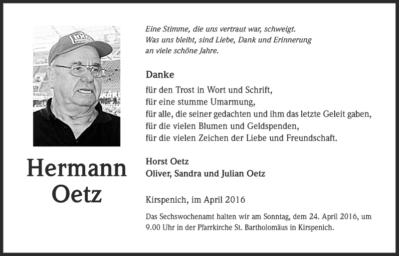  Traueranzeige für Hermann Oetz vom 16.04.2016 aus  Blickpunkt Euskirchen 