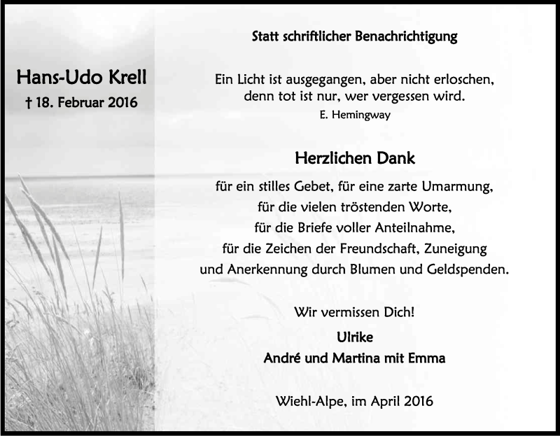  Traueranzeige für Hans-Udo Krell vom 09.04.2016 aus Kölner Stadt-Anzeiger / Kölnische Rundschau / Express