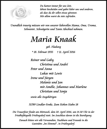 Anzeige von Maria Knaak von Kölner Stadt-Anzeiger / Kölnische Rundschau / Express