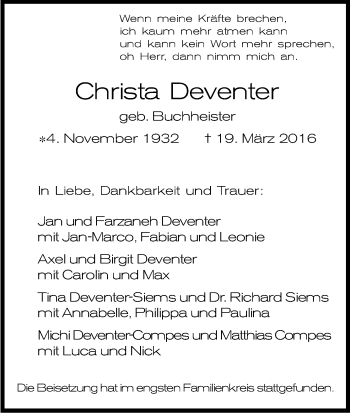 Anzeige von Christa Deventer von Kölner Stadt-Anzeiger / Kölnische Rundschau / Express