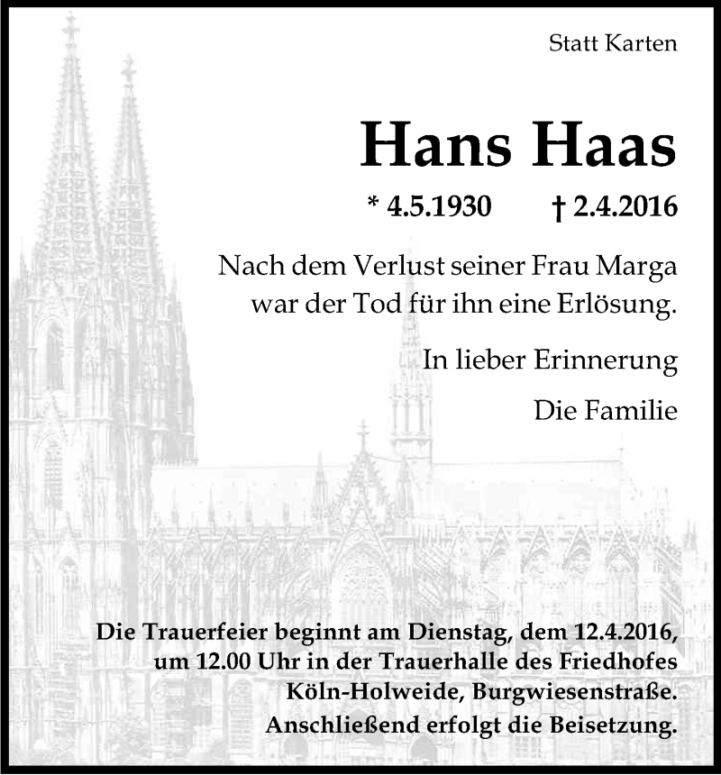  Traueranzeige für Hans Haas vom 09.04.2016 aus Kölner Stadt-Anzeiger / Kölnische Rundschau / Express