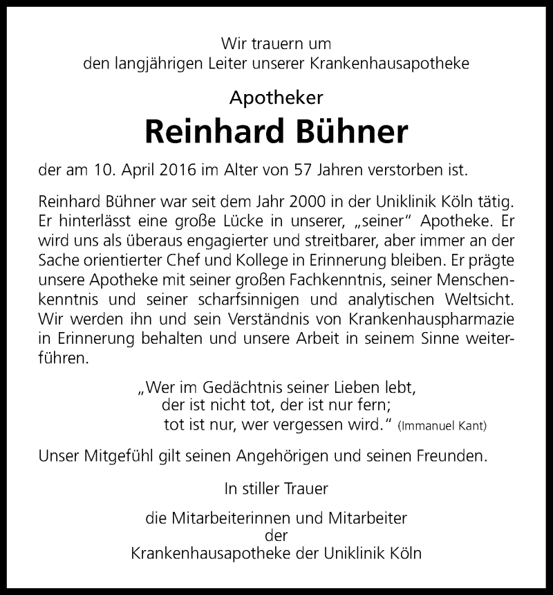  Traueranzeige für Reinhard Bühner vom 20.04.2016 aus Kölner Stadt-Anzeiger / Kölnische Rundschau / Express