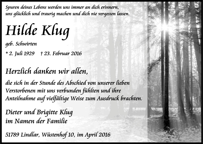  Traueranzeige für Hilde Klug vom 09.04.2016 aus Kölner Stadt-Anzeiger / Kölnische Rundschau / Express