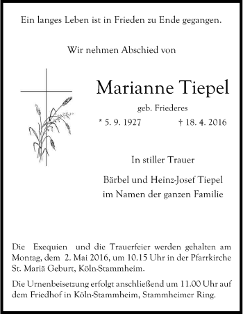 Anzeige von Marianne Tiepel von Kölner Stadt-Anzeiger / Kölnische Rundschau / Express