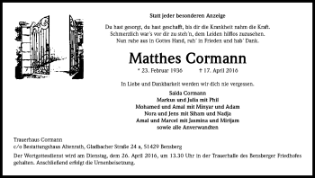 Anzeige von Matthes Cormann von Kölner Stadt-Anzeiger / Kölnische Rundschau / Express