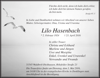 Anzeige von Lilo Hasenbach von  Lokalanzeiger 