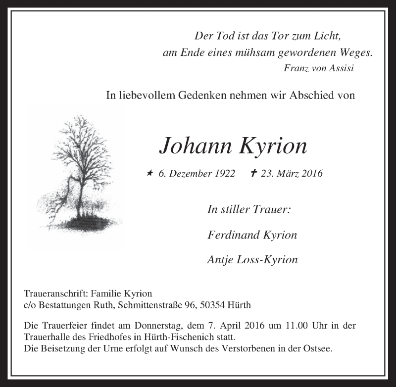  Traueranzeige für Johann Kyrion vom 06.04.2016 aus  Wochenende 