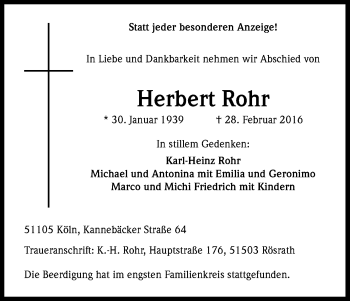 Anzeige von Herbert Rohr von Kölner Stadt-Anzeiger / Kölnische Rundschau / Express
