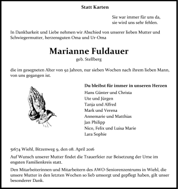 Anzeige von Marianne Fuldauer von Kölner Stadt-Anzeiger / Kölnische Rundschau / Express