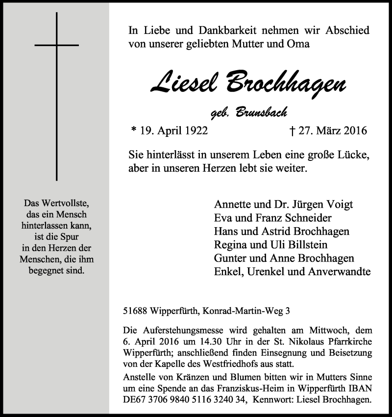  Traueranzeige für Liesel Brochhagen vom 04.04.2016 aus Kölner Stadt-Anzeiger / Kölnische Rundschau / Express