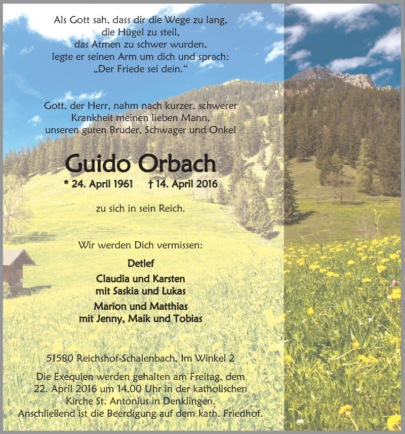  Traueranzeige für Guido Orbach vom 20.04.2016 aus  Lokalanzeiger 