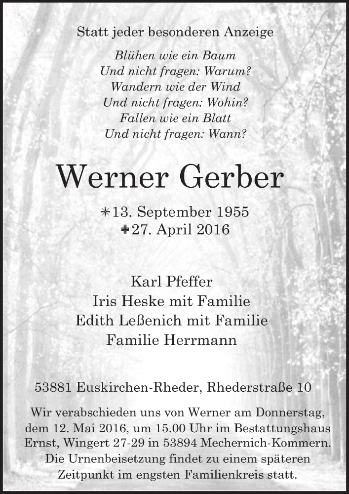  Traueranzeige für Werner Gerber vom 30.04.2016 aus  Blickpunkt Euskirchen 