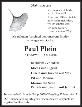 Anzeige von Paul Plein von  Kölner Wochenspiegel  Schlossbote/Werbekurier 