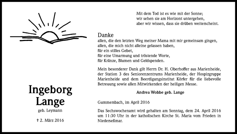  Traueranzeige für Ingeborg Lange vom 18.04.2016 aus Kölner Stadt-Anzeiger / Kölnische Rundschau / Express