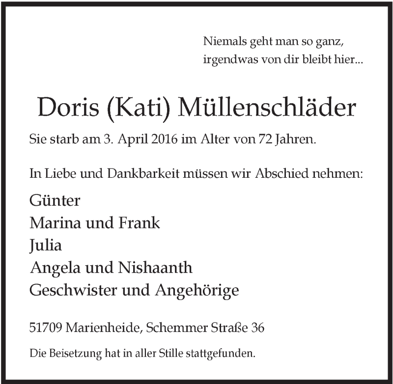  Traueranzeige für Doris Müllenschläder vom 20.04.2016 aus  Anzeigen Echo 