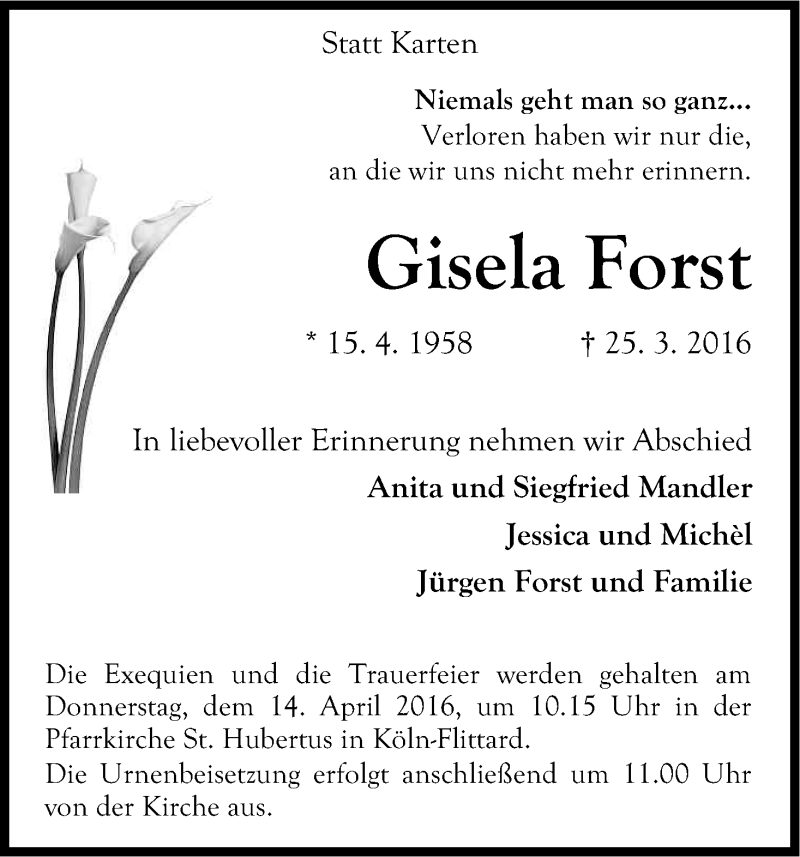  Traueranzeige für Gisela Forst vom 09.04.2016 aus Kölner Stadt-Anzeiger / Kölnische Rundschau / Express