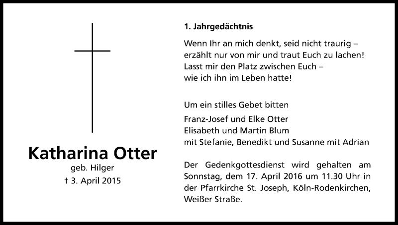  Traueranzeige für Katharina Otter vom 02.04.2016 aus Kölner Stadt-Anzeiger / Kölnische Rundschau / Express