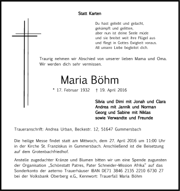Anzeige von Maria Böhm von Kölner Stadt-Anzeiger / Kölnische Rundschau / Express
