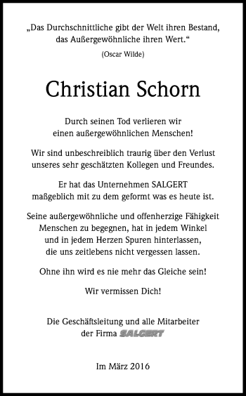 Anzeige von Christian Schorn von Kölner Stadt-Anzeiger / Kölnische Rundschau / Express