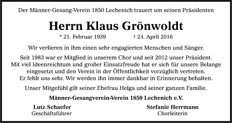  Traueranzeige für Klaus Grönwoldt vom 27.04.2016 aus Kölner Stadt-Anzeiger / Kölnische Rundschau / Express
