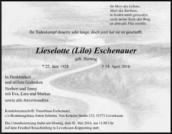 Anzeige von Lieselotte Eschenauer von Kölner Stadt-Anzeiger / Kölnische Rundschau / Express