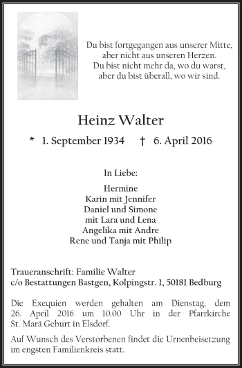 Anzeige von Heinz Walter von  Sonntags-Post 