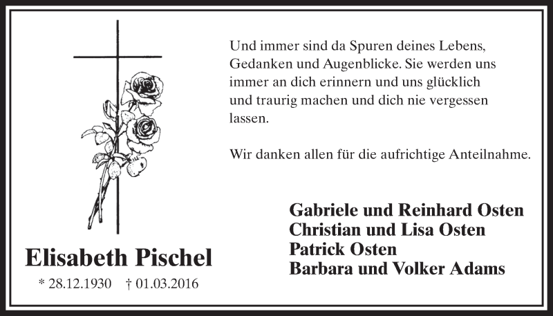  Traueranzeige für Elisabeth Pischel vom 06.04.2016 aus  Schlossbote/Werbekurier 